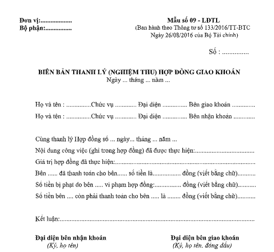Mẫu biên bản thanh lý (nghiệm thu) hợp đồng giao khoán theo TT133/2016/TT-BTC ngày 26/08/2016 của Bộ Tài chính