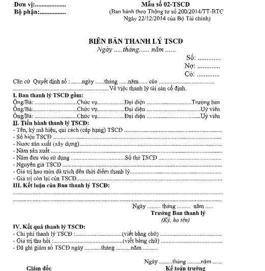 Mẫu biên bản thanh lý TSCĐ theo TT200/2014/TT-BTC ngày 22/12/2014 của Bộ Tài chính