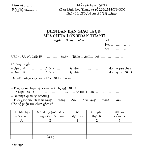 Mẫu biên bản giao nhận TSCĐ sửa chữa lớn hoàn thành theo TT200/2014/TT-BTC ngày 22/12/2014 của Bộ Tài chính