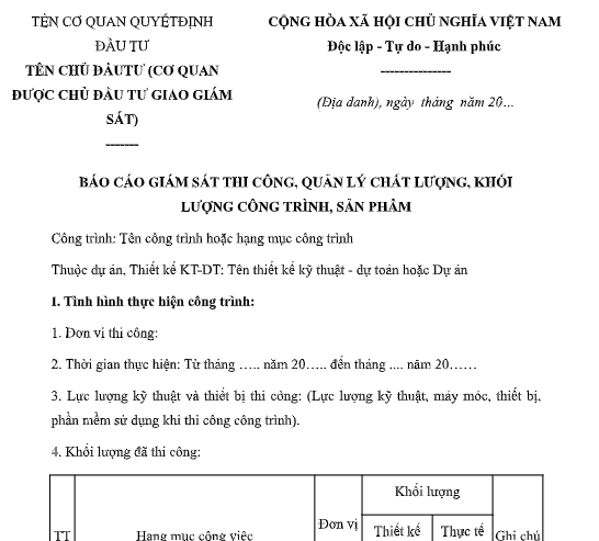 Mẫu báo cáo giám sát thi công, quản lý chất lượng công trình, sản phẩm
