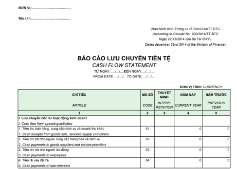 Mẫu báo cáo lưu chuyển tiền tệ - SONG NGỮ theo PP trực tiếp – Thông tư TT200/2014/TT-BTC ngày 22/12/2014 của Bộ Tài chính