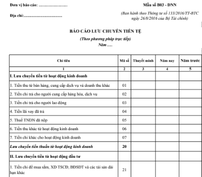 Mẫu báo cáo lưu chuyển tiền tệ theo PP trực tiếp – Thông tư 133/2016/TT-BTC ngày 26/08/2016 của Bộ Tài chính