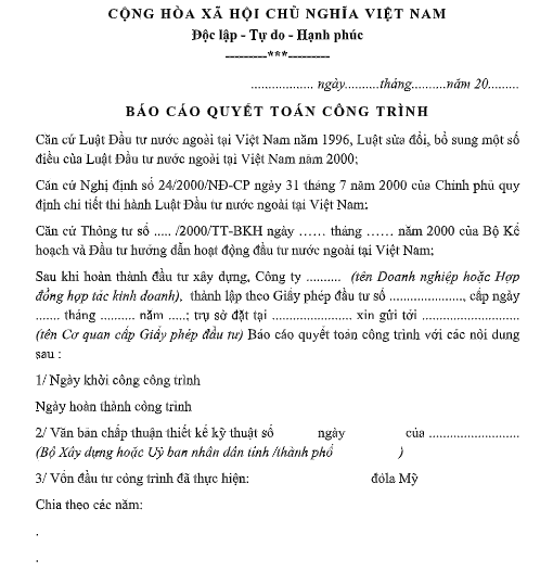 Mẫu báo cáo quyết toán công trình