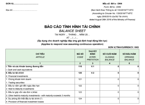 Mẫu báo cáo tình hình tài chính - SONG NGỮ theo mẫu B01a-DNN_Thông tư 133/2016/TT-BTC ngày 26/08/2016 của Bộ Tài chính