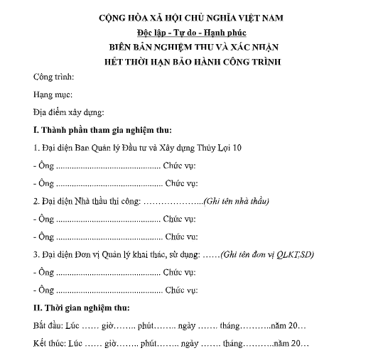 Mẫu biên bản nghiệm thu và xác nhận hết thời hạn bảo hành công trình