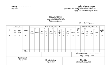 Mẫu bảng kê số 10 (Mẫu số S04b10-DN) theo TT200/2014/TT-BTC ngày 22/12/2014 của Bộ Tài chính
