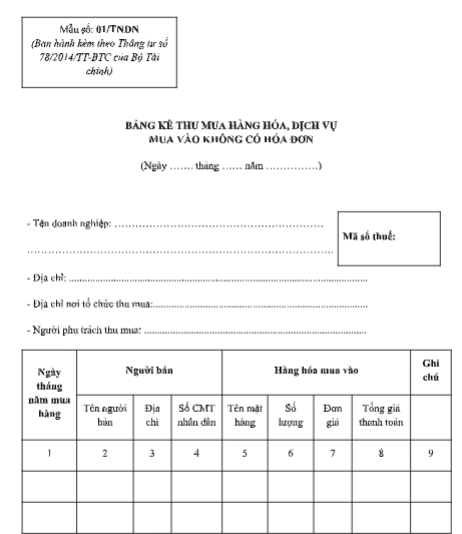 Mẫu bảng kê hàng hóa mua vào có hóa đơn