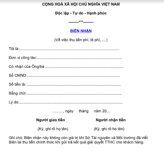 Mẫu biên nhận thu tiền