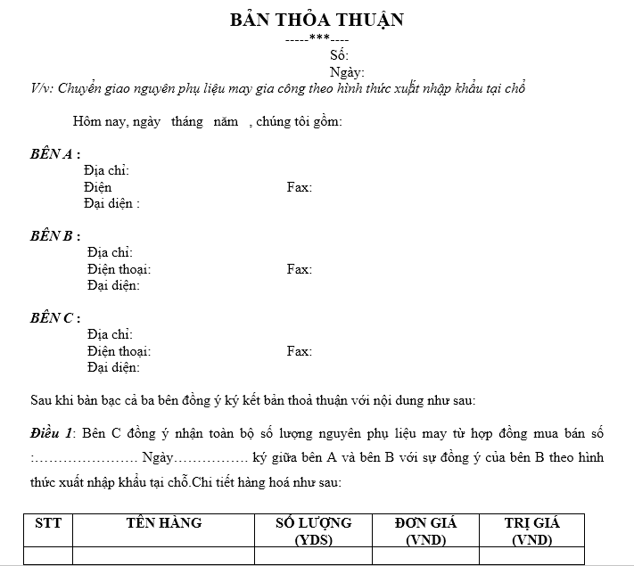 Mẫu biên bản thỏa thuận chuyển tiếp NPL gia công