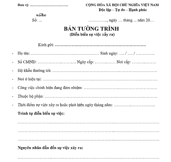 Mẫu biên bản tường trình diễn biến sự việc