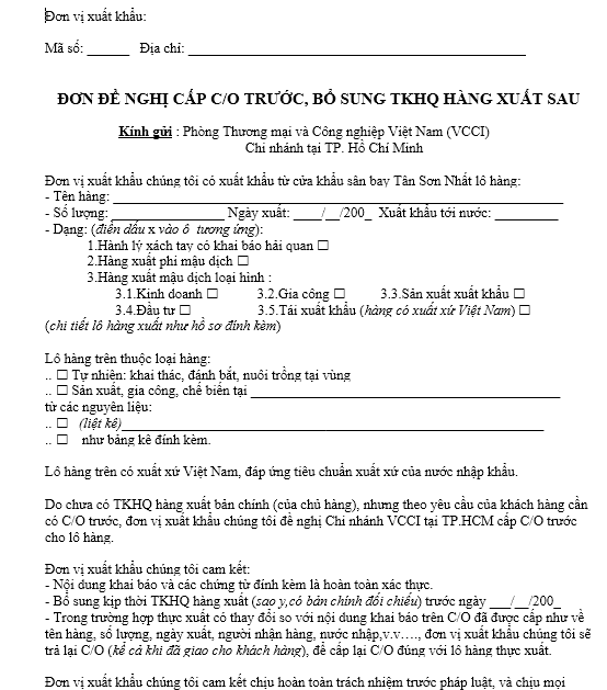 Mẫu đơn đề nghị cấp C.O trước , bổ sung TKHQ hàng nhập sau