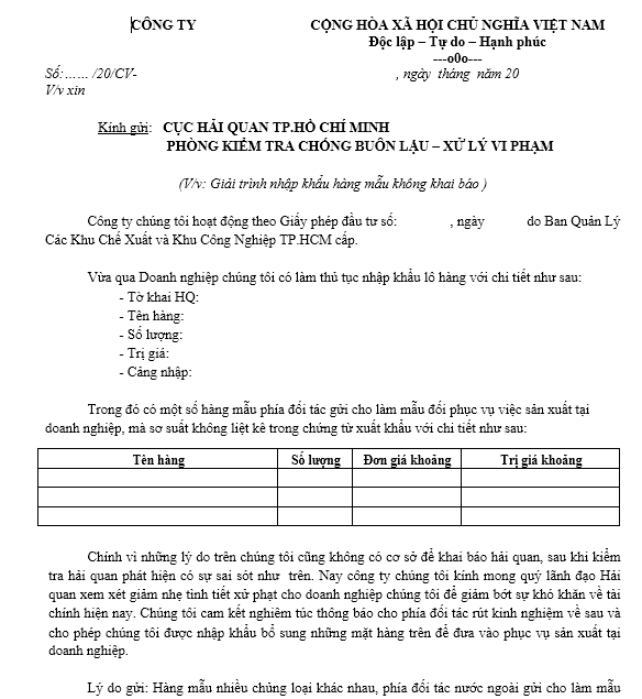 Mẫu công văn giải trình nhập hàng mẫu không khai báo