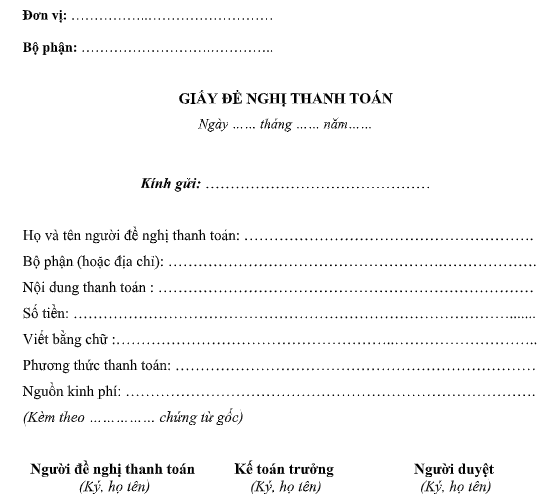 Mẫu giấy đề nghị thanh toán theo TT133/2016/TT-BTC ngày 26/08/2016 của Bộ Tài chính
