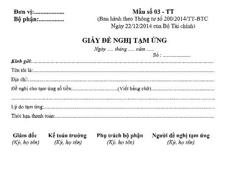 Mẫu đề nghị tạm ứng theo TT200/2014/TT-BTC ngày 22/12/2014 của Bộ Tài chính