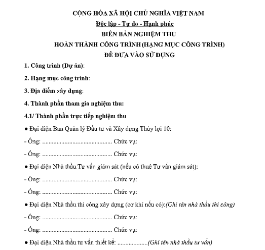 Mẫu biên bản nghiệm thu hoàn thành công trình đưa vào sử dụng