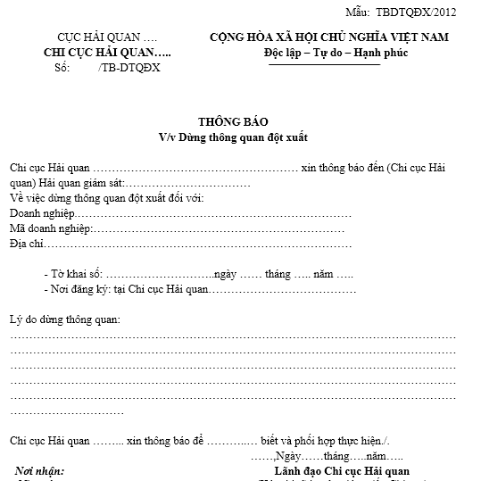 Mẫu thông báo dừng thông quan đột xuất (mẫu 11)