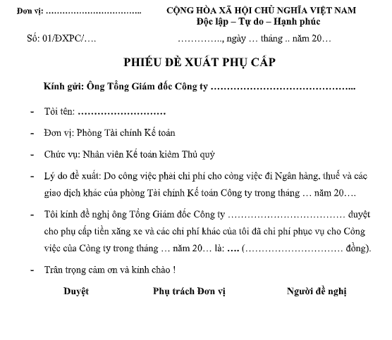 Mẫu phiếu đề xuất phụ cấp mới nhất năm 2019