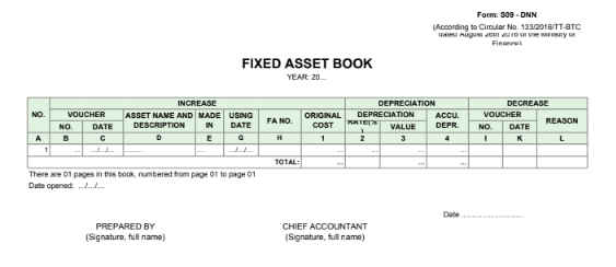 Mẫu sổ tài sản cố định (FIXED ASSET BOOK)- TIẾNG ANH theo TT133/2016/TT-BTC ngày 26/08/2016 của Bộ Tài chính