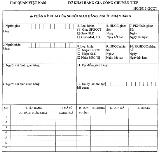 Mẫu tờ khai hàng gia công chuyển tiếp (HQ/2011-GCCT)  (Ban hành kèm theo TT 117/2011/TT-BTC ngày 15/8/2011)