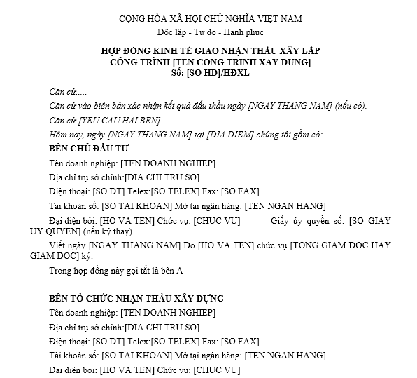 Mẫu hợp đồng kinh tế giao nhận thầu xây lắp công trình