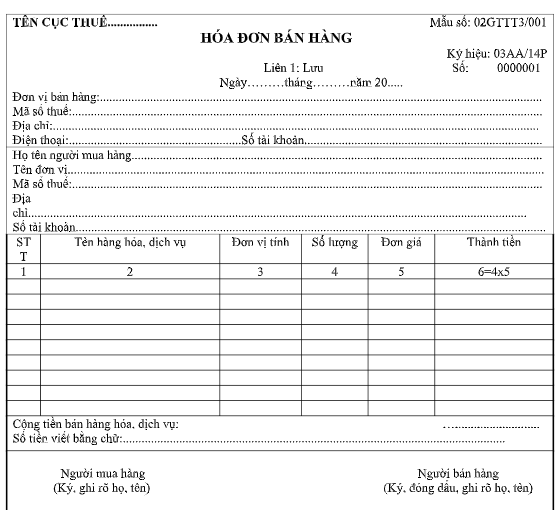 Mẫu Hóa đơn bán hàng do Cục Thuế phát hành ban hành kèm thông tư 39/2014/TT-BTC sử dụng cho các doanh nghiệp tính thuế theo phương pháp trực tiếp trên doanh thu.