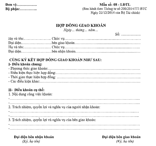 Mẫu hợp đồng giao khoán theo TT200/2014/TT-BTC ngày 22/12/2014 của Bộ Tài chính