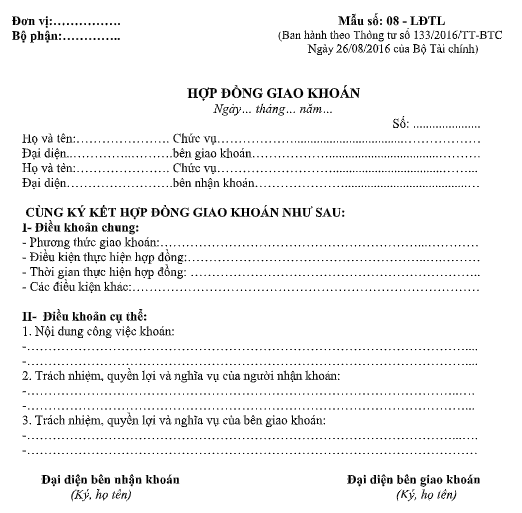 Mẫu hợp đồng giao khoán theo TT133/2016/TT-BTC ngày 26/08/2016 của Bộ Tài chính