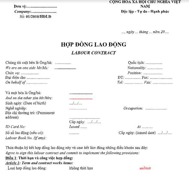 Mẫu hợp đồng lao động song ngữ (Labour Contract)
