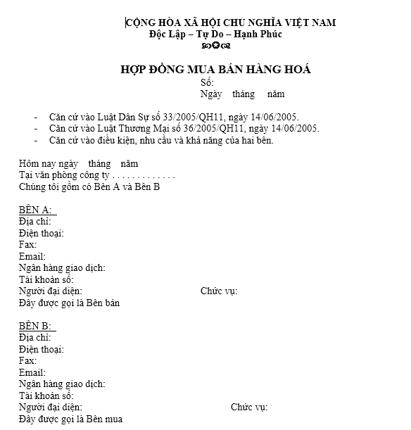 Mẫu hợp đồng mua bán hàng hóa