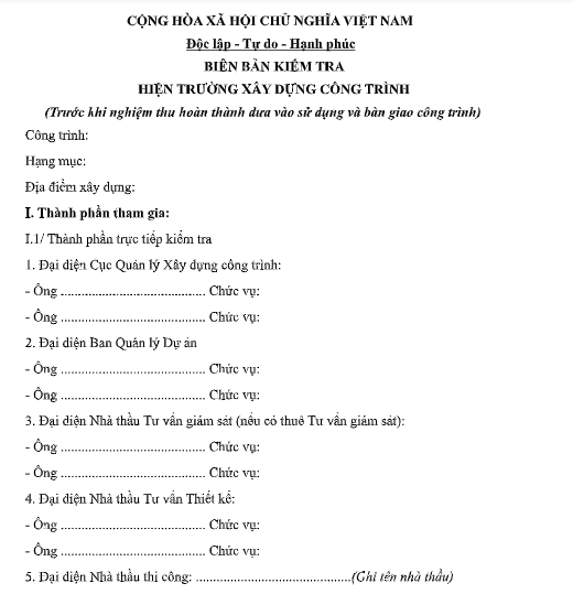 Mẫu biên bản kiểm tra hiện trường xây dựng công trình