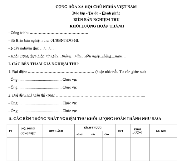 Mẫu biên bản nghiệm thu khối lượng hoàn thành mới nhất