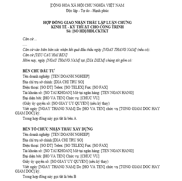 Mẫu hợp đồng giao nhận thầu lập luận chứng kinh tế - kỹ thuật cho công trình