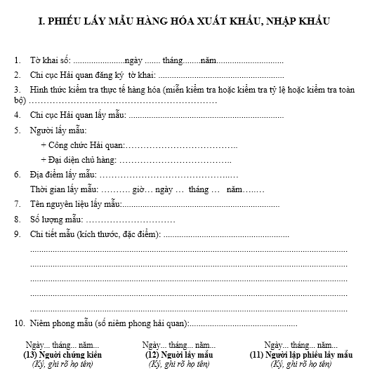 Mẫu phiếu lấy mẫu hàng hóa xuất khẩu, nhập khẩu