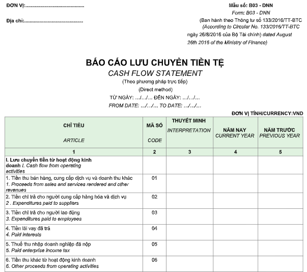 Mẫu báo cáo lưu chuyển tiền tệ theo PP trực tiếp –SONG NGỮ theo Thông tư 133/2016/TT-BTC ngày 26/08/2016 của Bộ Tài chính