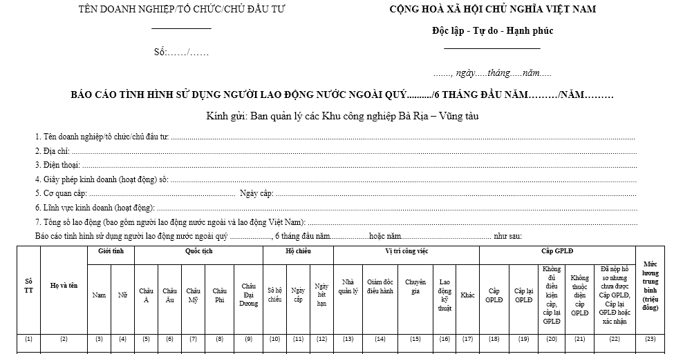Mẫu báo cáo tình hình sử dụng người lao động nước ngoài