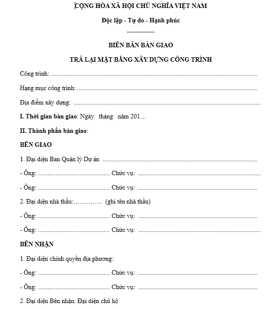 Mẫu biên bản bàn giao mặt bằng xây dựng