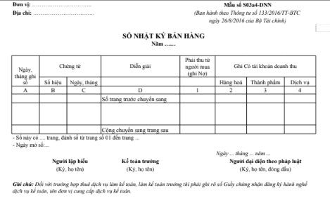 Mẫu sổ nhật ký bán hàng theo TT133/2016/TT-BTC ngày 26/08/2016 của Bộ Tài chính