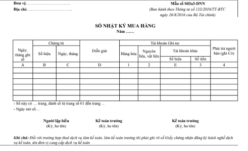 Mẫu sổ nhật ký mua hàng theo TT133/2016/TT-BTC ngày 26/08/2016 của Bộ Tài chính