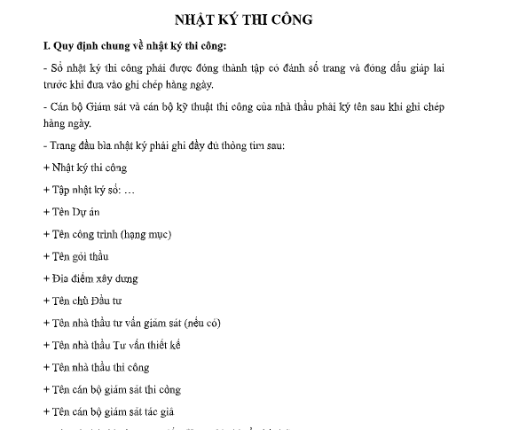 Mẫu nhật ký thi công công trình