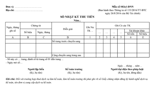 Mẫu sổ nhật ký thu tiền theo TT133/2016/TT-BTC ngày 26/08/2016 của Bộ Tài chính