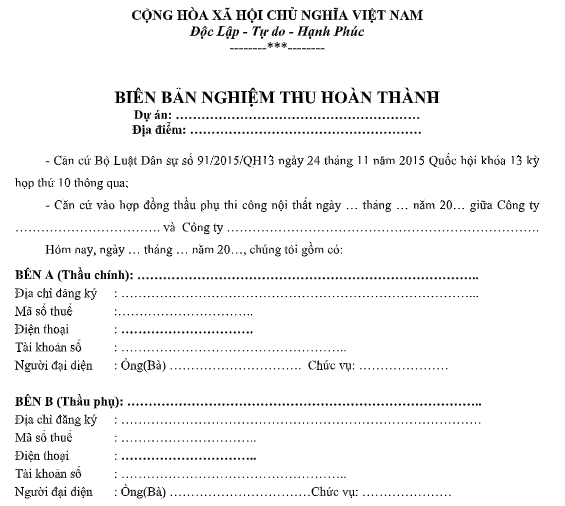 Mẫu biên bản nghiệm thu hoàn thành