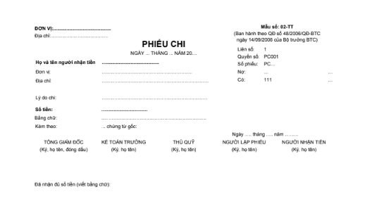 Mẫu phiếu chi (1/2A4) theo QĐ số 48/2006/QĐ-BTC ngày 14/09/2006 của Bộ trưởng Bộ Tài chính