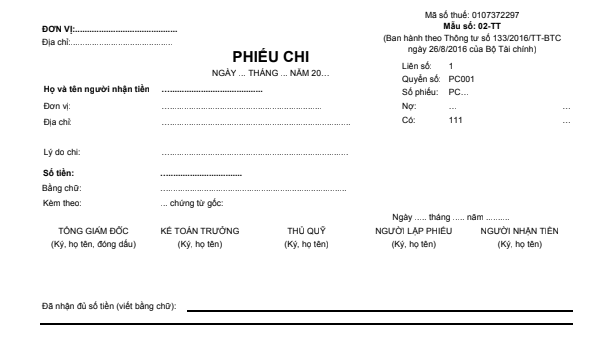 Mẫu phiếu chi (2 liên) theo TT133/2016/TT-BTC ngày 26/08/2016 của Bộ Tài chính