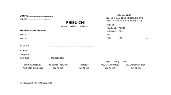 Mẫu phiếu chi (1/2A4) theo QĐ số 15/2006/QĐ-BTC ngày 20/03/2006 của Bộ trưởng Bộ Tài chính