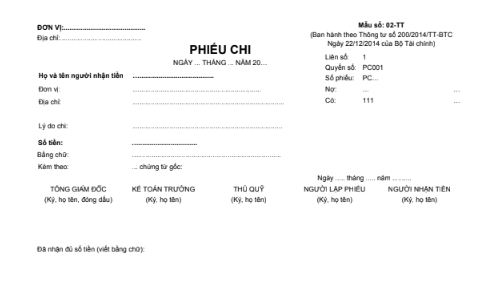 Mẫu phiếu chi (2 liên) theo TT200/2014/TT-BTC ngày 22/12/2014 của Bộ Tài chính