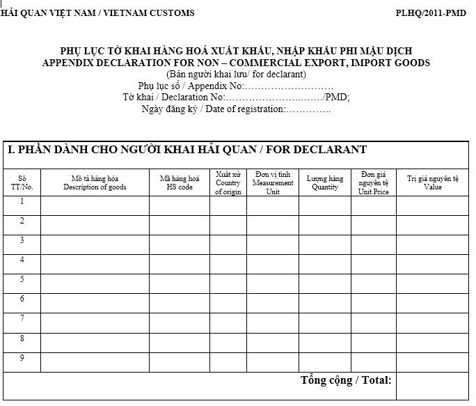 Mẫu phụ lục tờ khai hàng hóa XK/NK phi mậu dịch (PLHQ/2011-PMD) (Ban hành kèm theo TT 190/2011/TT-BTC ngày 20/12/2011)