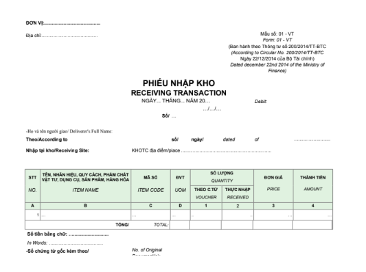Mẫu phiếu nhập kho (RECEIVING TRANSACTION) - SONG NGỮ theo TT200/2014/TT-BTC ngày 22/12/2014 của Bộ Tài chính
