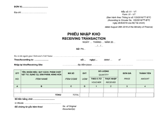 Mẫu phiếu nhập kho - SONG NGỮ theo TT133/2016/TT-BTC ngày 26/08/2016 của Bộ Tài chính