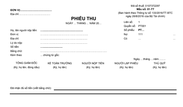 Mẫu phiếu thu (2 liên) theo TT133/2016/TT-BTC ngày 26/08/2016 của Bộ Tài chính