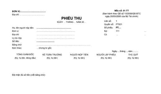 Mẫu phiếu thu (1/2A4) theo QĐ số 15/2006/QĐ-BTC ngày 20/03/2006 của Bộ trưởng Bộ Tài chính